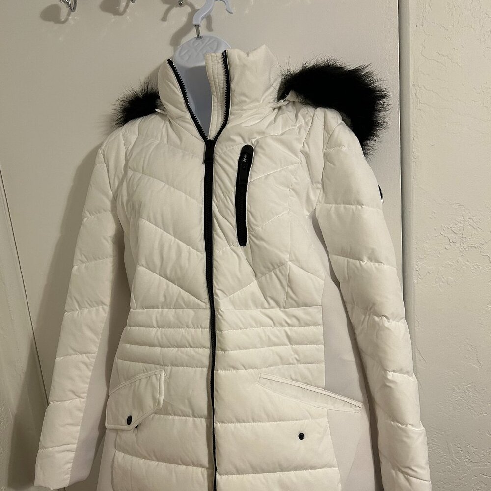 Michael Kors White Hooded Parka Puffer Jacket XL NWT Black faux fur hood